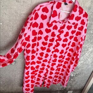 SHEIN Curve Sz 0XL Heart Nightshirt Hearts Nightgown Button-Down Love Red & Pink